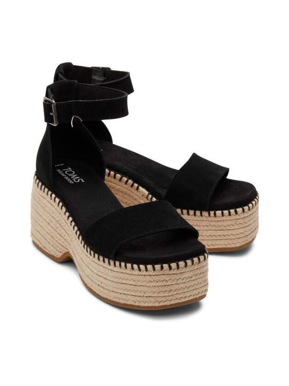 NEW NWT TOMS Black Suede Espadrille Platform Sandals with Ankle Buckle
